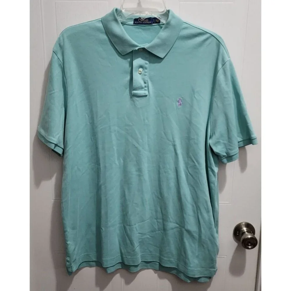 Polo Ralph Lauren Light Blue Short Sleeve Polo Shirt Size Large Cotton Pink Pony